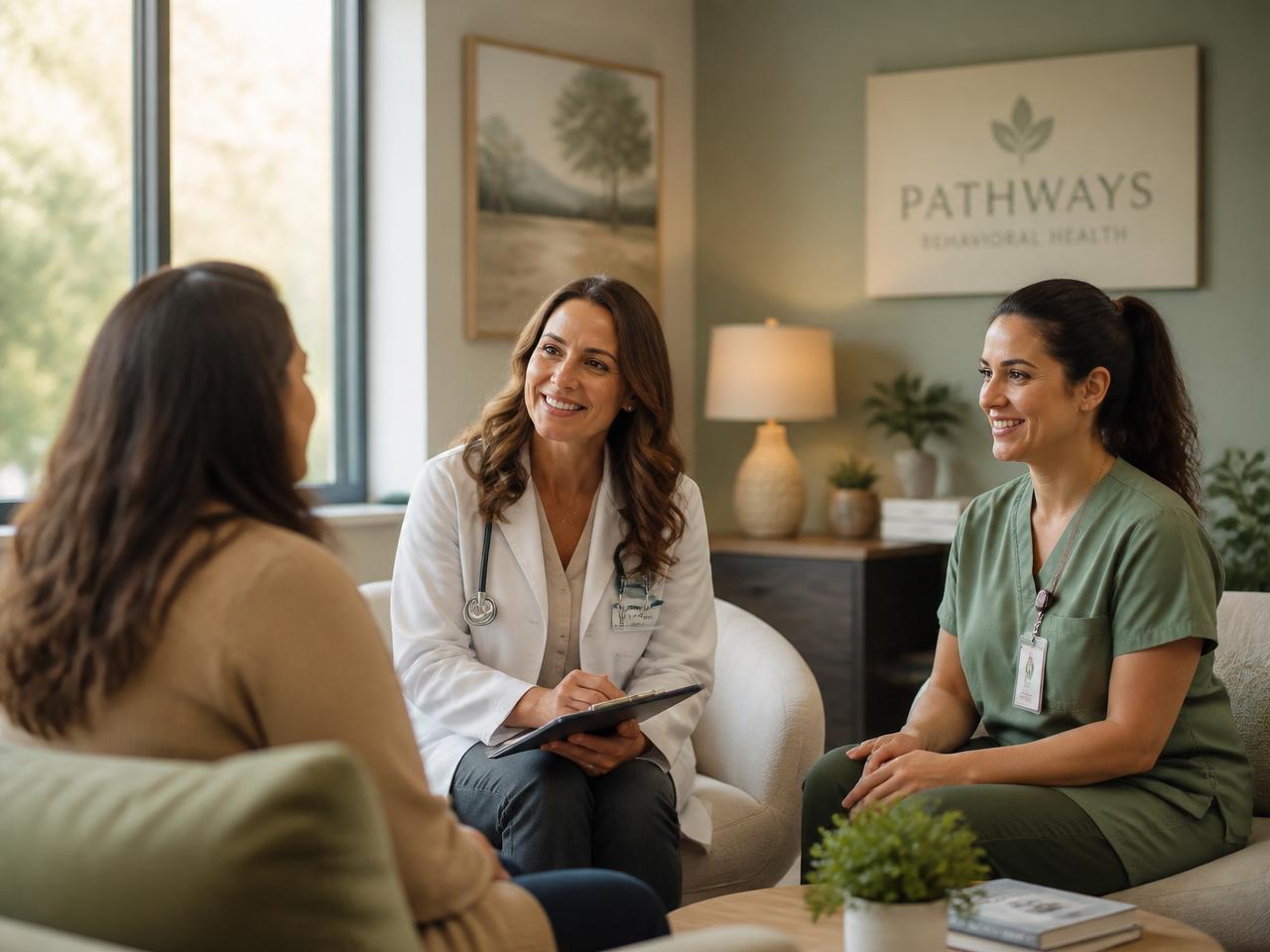 A doctor and nurse compassionately attending to a patient in a calm behavioral health clinic